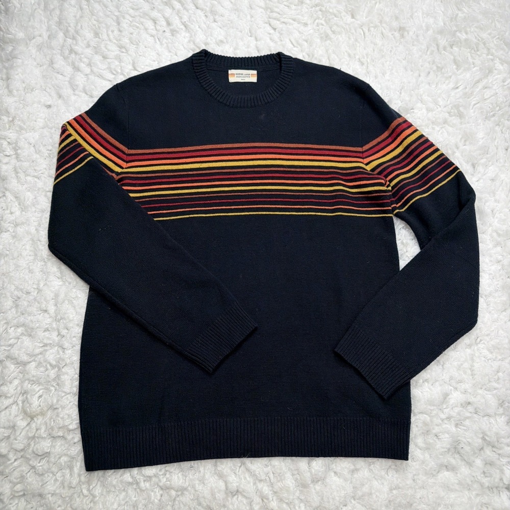 Marine Layer ARCHIVE Sweater Mens Small Relaxed Fit Navy Blue Striped Retro Look